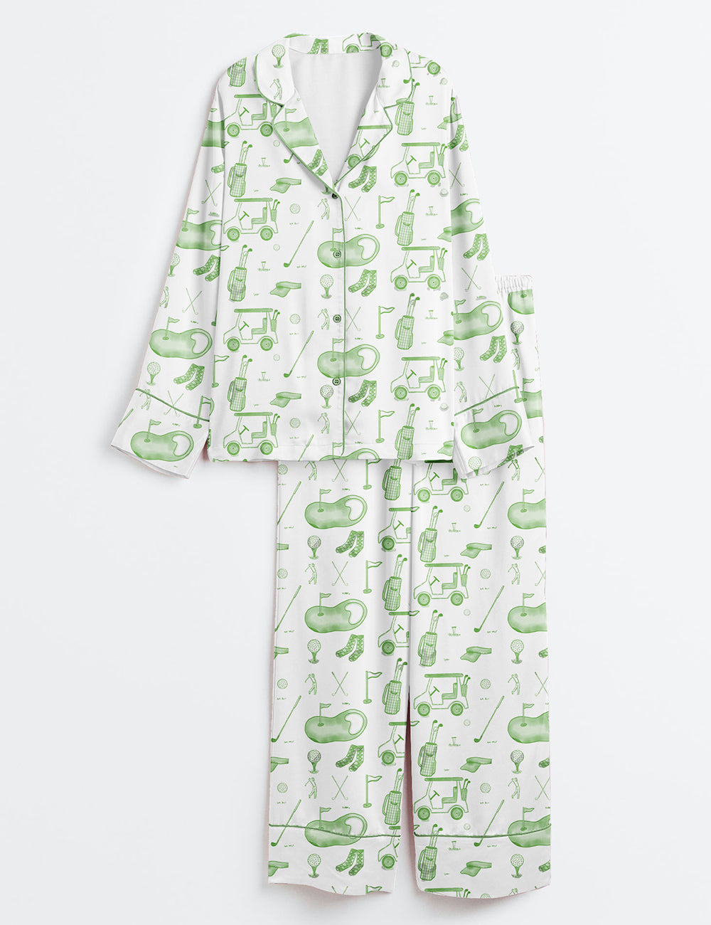 Women’s Watercolor Green Golf Toile Print Long Sleeve Satin Pajama Set
