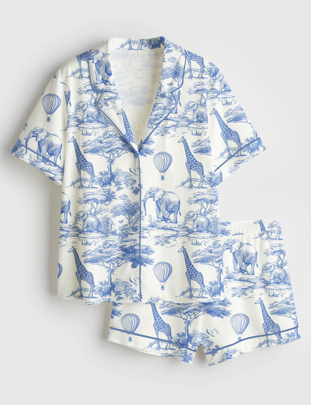 Women’s Blue Chinoiserie Toile De Jouy Safari Elephant And Deer Print Short Sleeve Satin Pajama Set