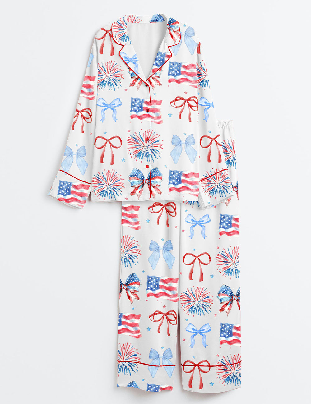 Women’s USA Coquette Bow Retro America 4th Of July Print Long Sleeve Satin Pajama Set