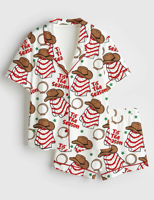 Women’s Western Cowboy Christmas Cake Short Sleeve Satin Pajama Set