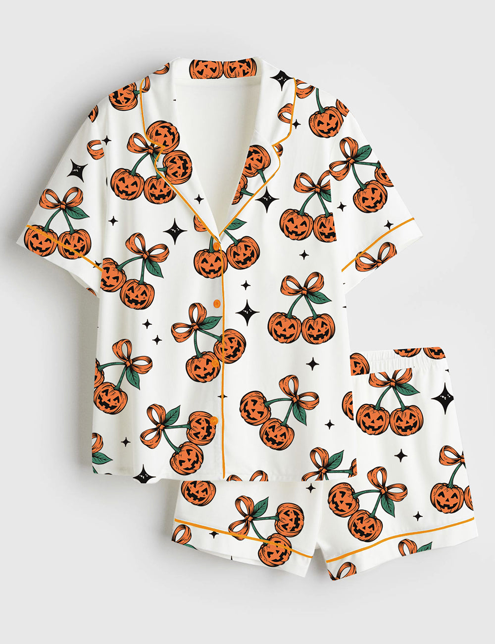 Women’s Pumpkin Cherries Coquette Bow Autumn Girly Halloween Pumpkin Fall Pumpkin Short Sleeve Satin Pajama Set