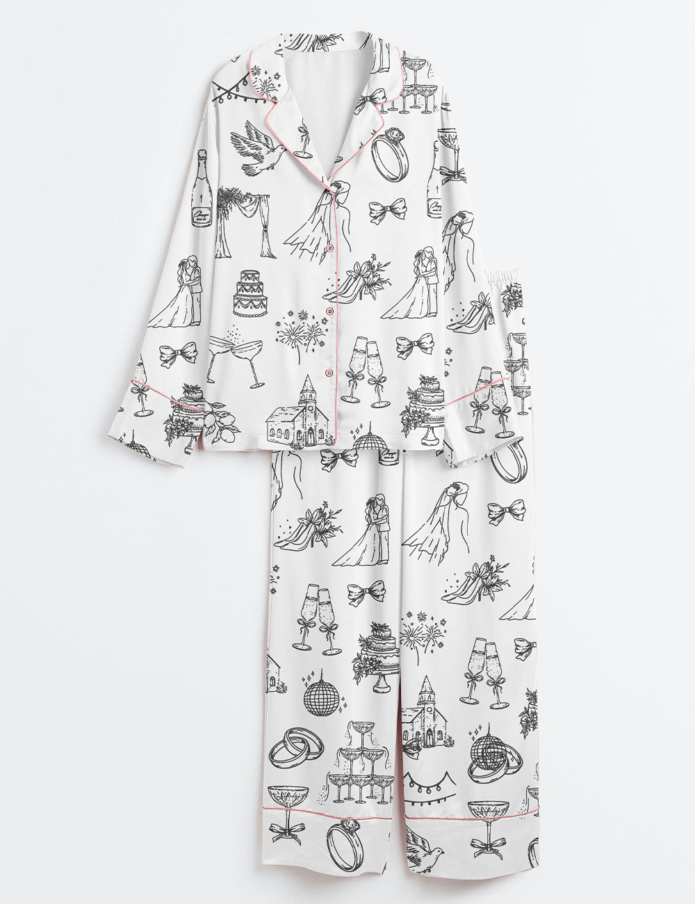Women’s Hand Drawn Wedding Icons Champagne Wedding Timeline Print Long Sleeve Satin Pajama Set