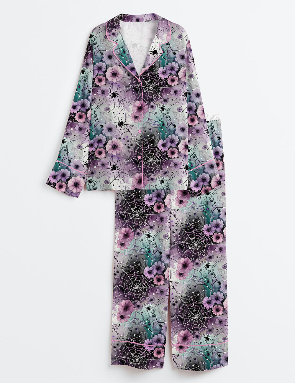 Women’s Girly Spooky Spider Halloween Long Sleeve Satin Pajama Set