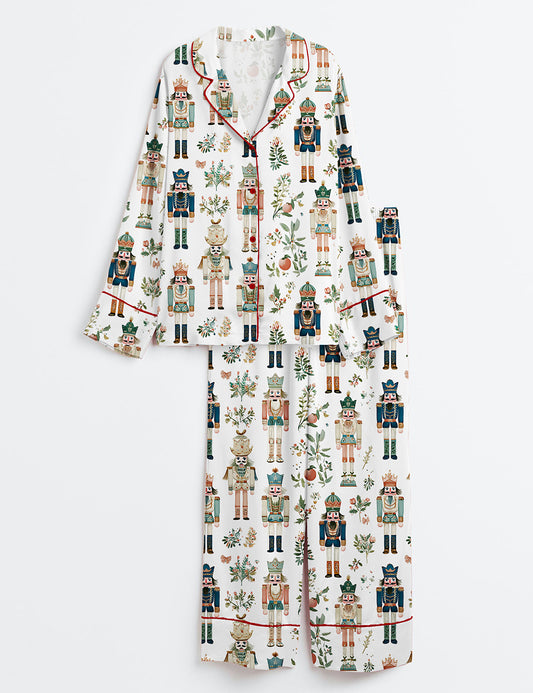 Women’s Nutcracker Soldiers Floral Christmas Long Sleeve Satin Pajama Set