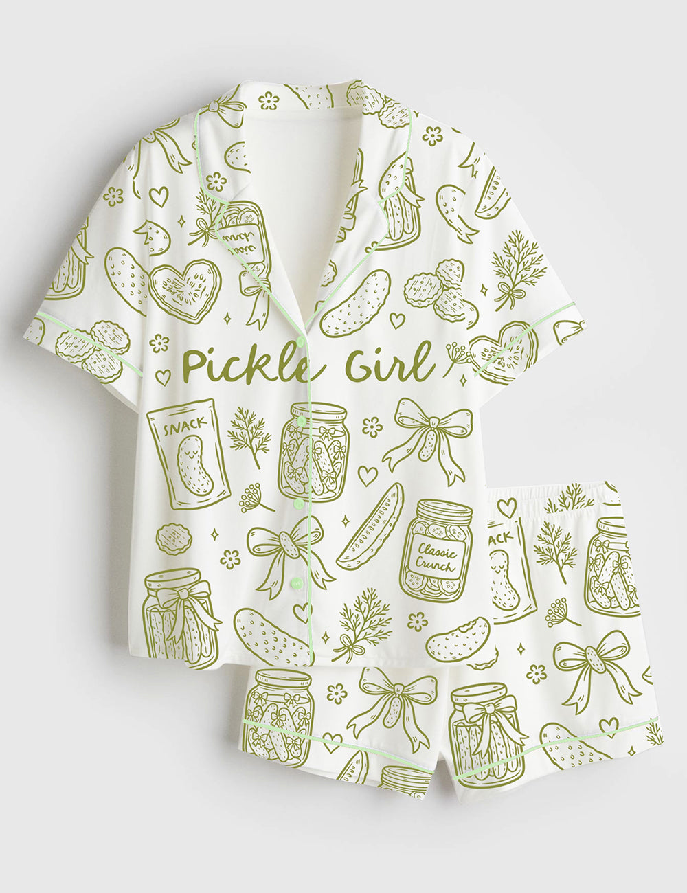 Women’s Pickle Lover Hand Drawn Coquette Pickle Jars Pickle Girls Print Short Sleeve Satin Pajama Set