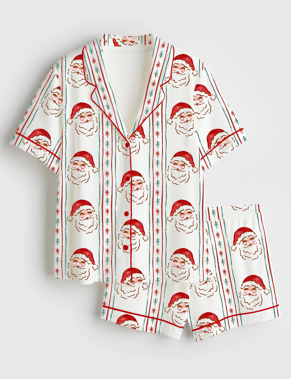 Women’s Red And Green Christmas Santa Star Stripe Short Sleeve Satin Pajama Set