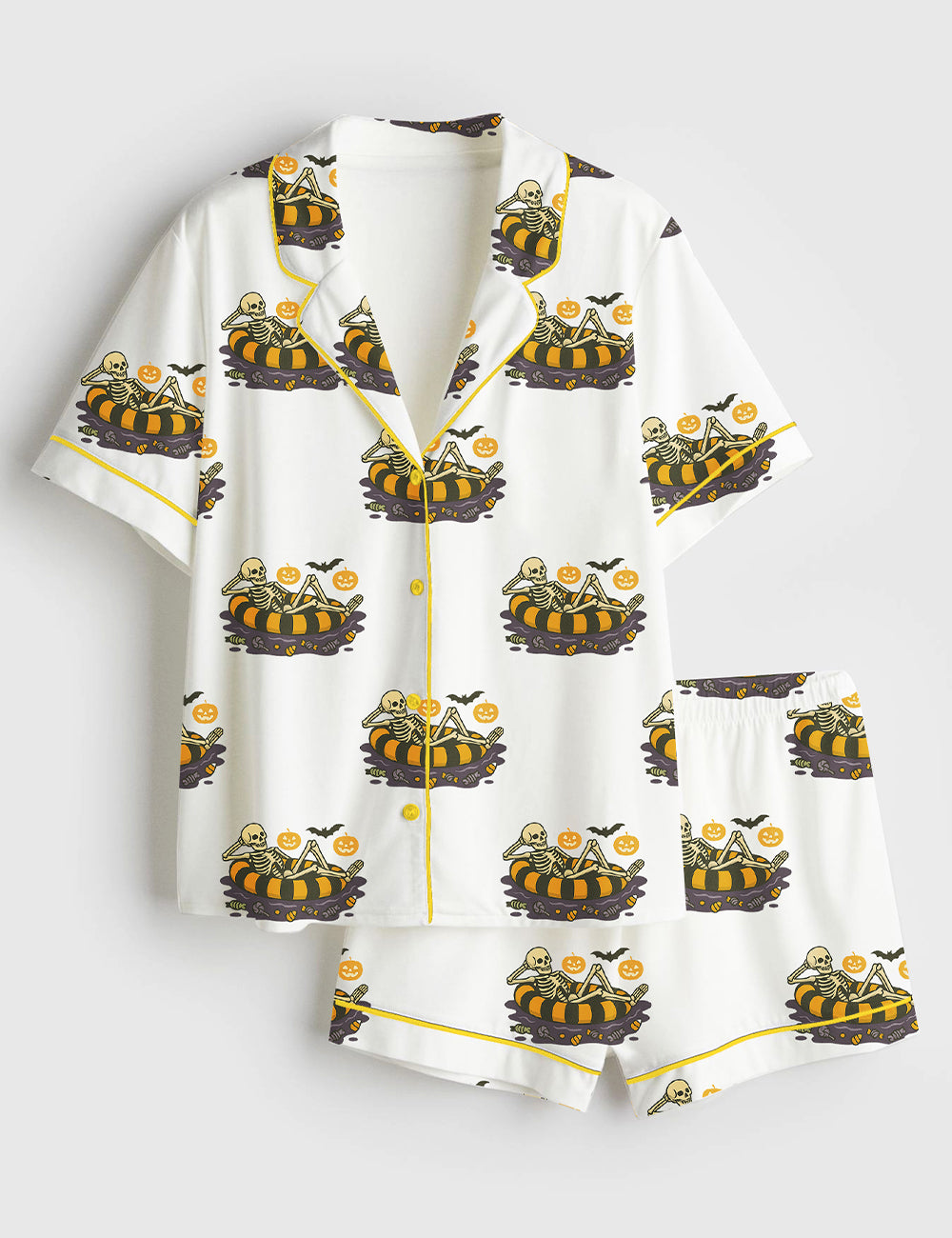 Women’s Summerween Spooky Skeleton Summer Halloween Girly Summer Beach Vibes Print Short Sleeve Satin Pajama Set