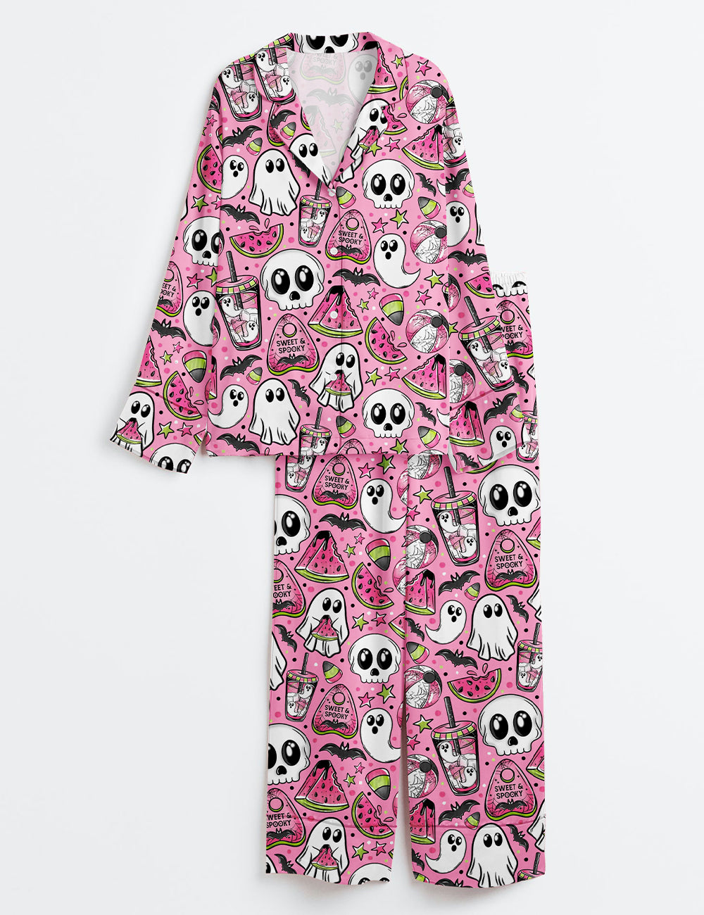 Women’s Spooky Watermelon Summer Ghost Skellie Skeleton Bat Drink Spooky Halloween Print Long Sleeve Satin Pajama Set