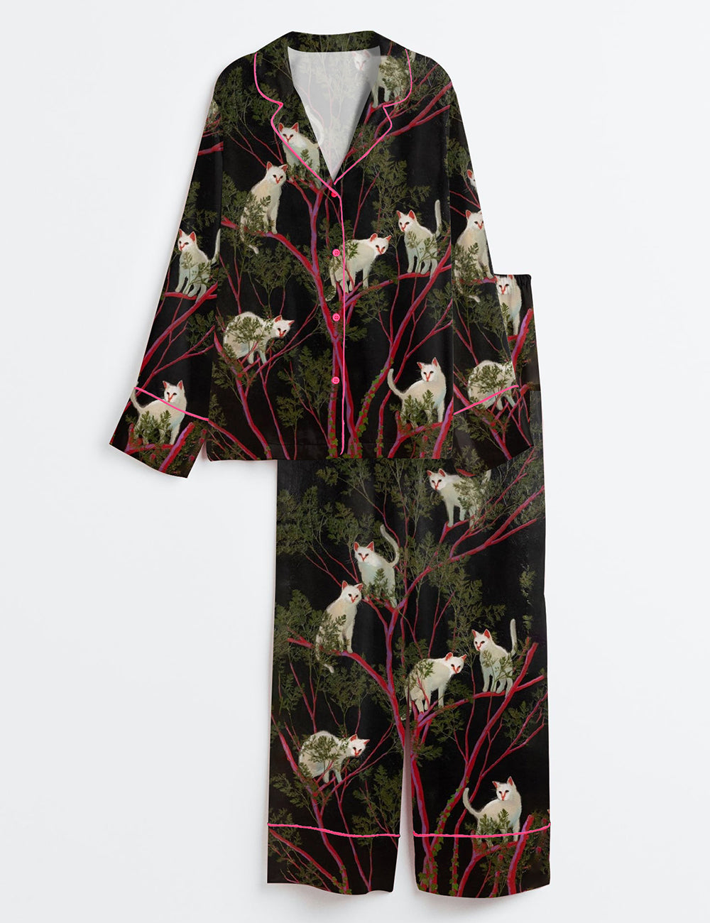 Women’s Cat Standing On Pink Tree Long Sleeve Satin Pajama Set