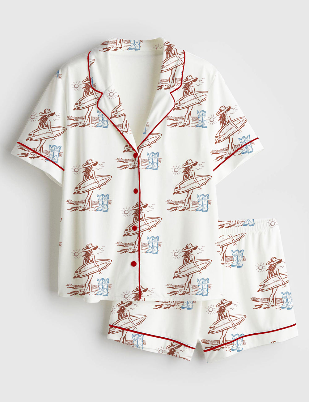 Women’s Stay Salty Coastal Cowgirl Fisherman Aesthetics Summer Ocean Surfboard Print Short Sleeve Satin Pajama Set