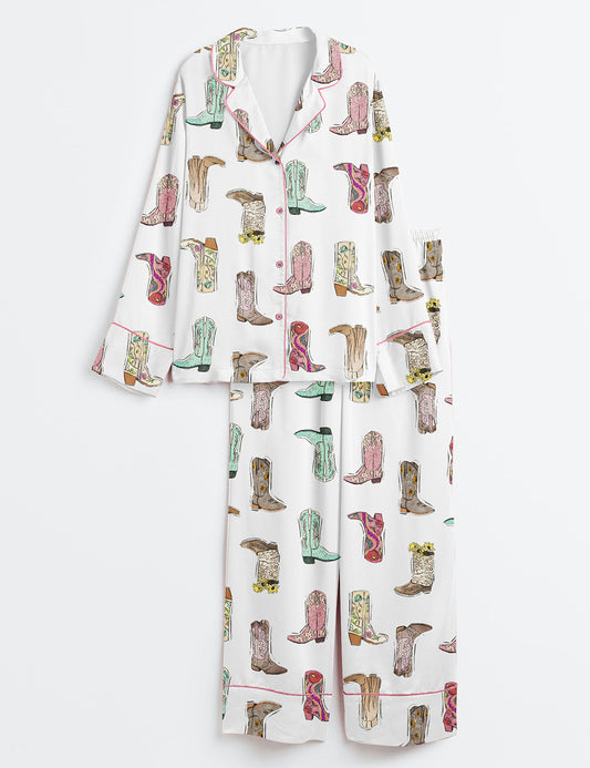 Women’s Retro Western Boots Cowgirl Print Long Sleeve Satin Pajama Set