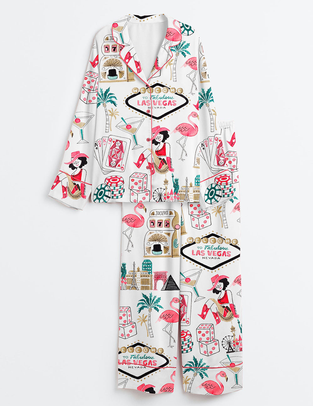 Women’s Las Vegas Watercolor Gambling Casino Nevada City Skyline Dice Slot Machine Print Long Sleeve Satin Pajama Set