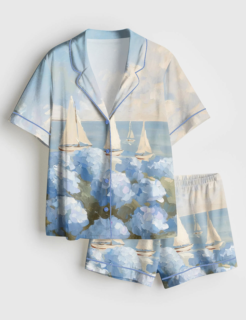 Women’s Coastal Sailboats Painting Blue Hydrangea Flowers Print Short Sleeve Satin Pajama Set