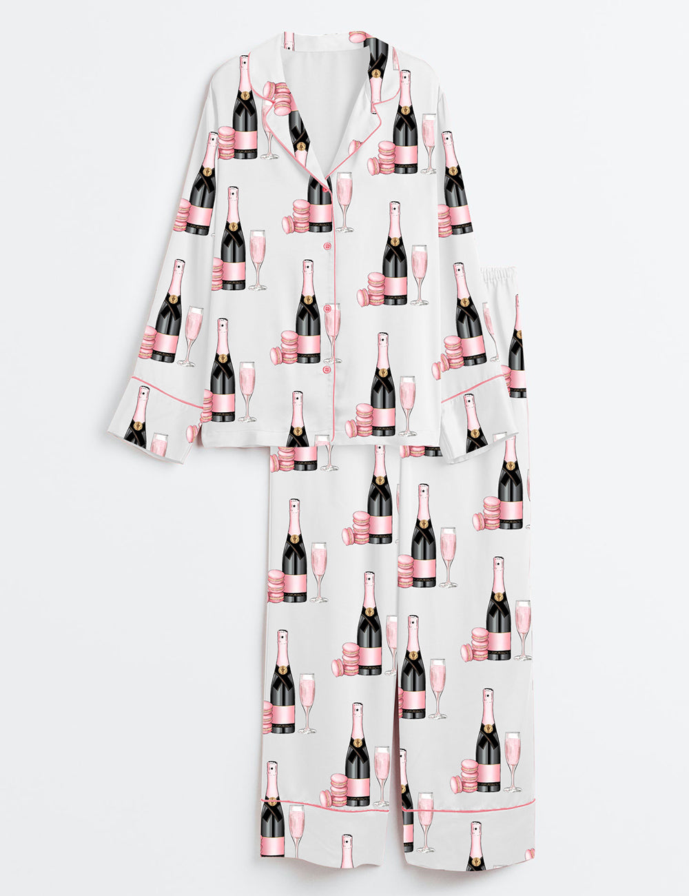 Women’s Pink Champagne Glass Dessert Long Sleeve Satin Pajama Set