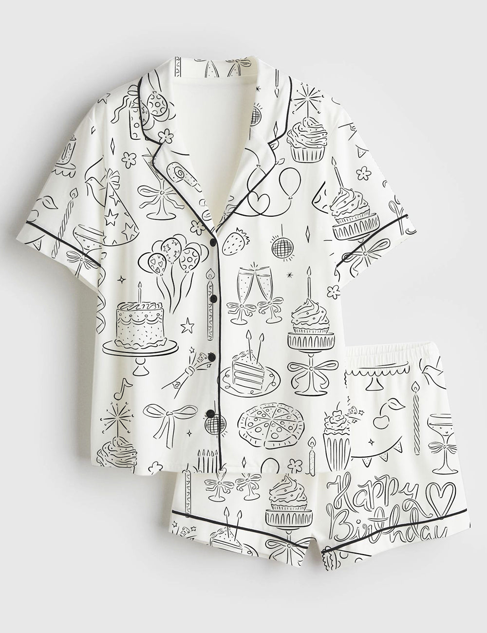 Women’s Whimsical Birthday Hand Drawn Birthday Illustrations Party Doodles Birthday Celebration Short Sleeve Satin Pajama Set