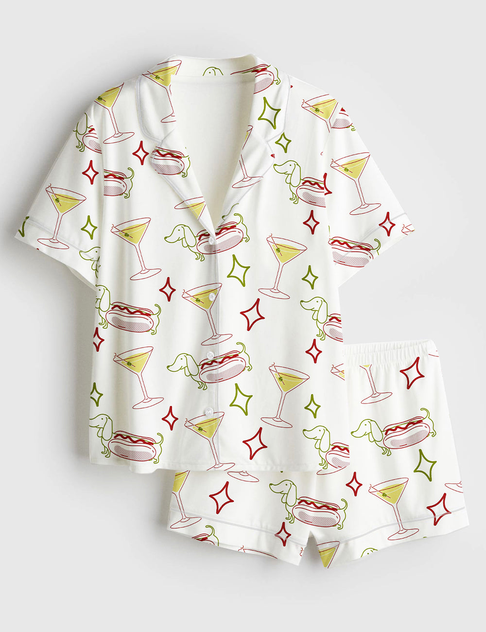 Women’s Dachshund Weenies And Tinis Bachelorette Or Birthday Hot Dogs And Martinis Print Short Sleeve Satin Pajama Set