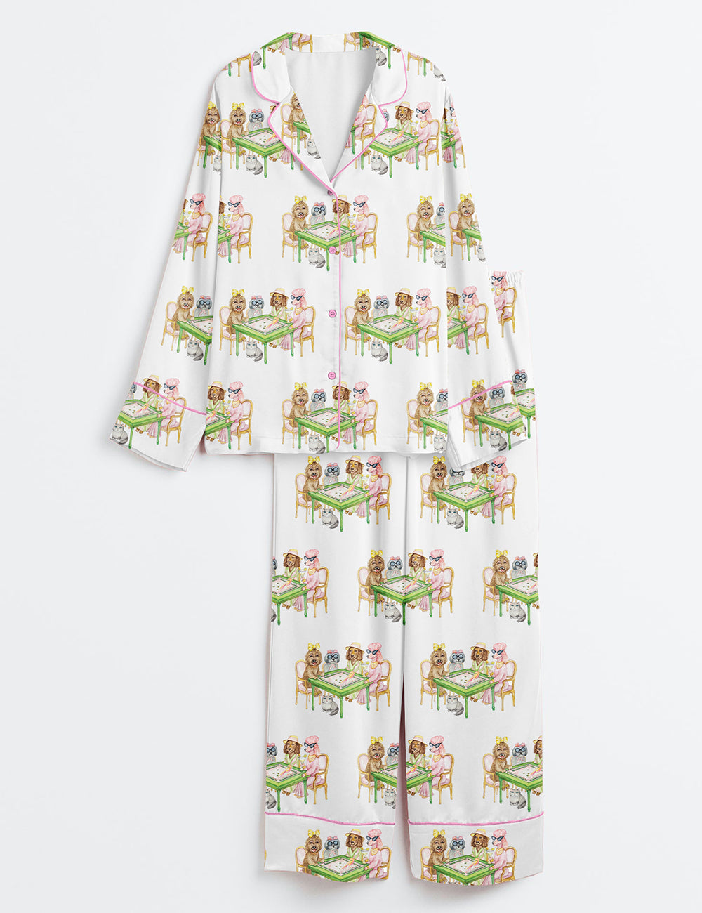 Women’s Pets Playing Chinoiserie Mahjong Art Print Dog Lover Long Sleeve Satin Pajama Set