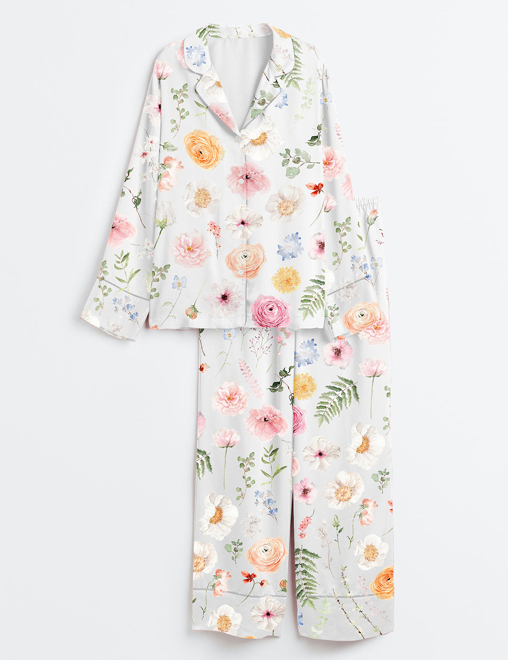 Women’s Romance Floral Watercolor Flower Wedding Flower Watercolor Bouquet Spring Flower Print Long Sleeve Satin Pajama Set