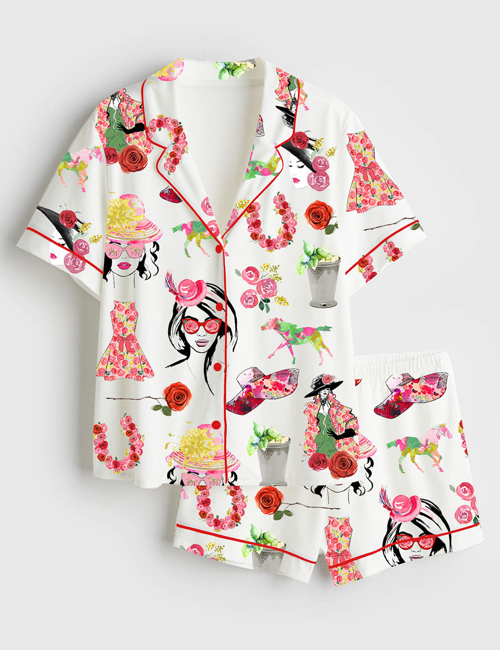 Women’s The Kentucky Derby Derby Fashion Planner Girl Rose Horse Western Short Sleeve Satin Pajama Set