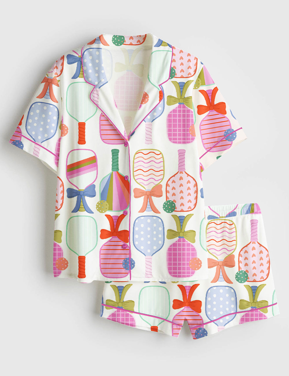 Women’s Preppy Pickle Paddle Pickleball Short Sleeve Satin Pajama Set