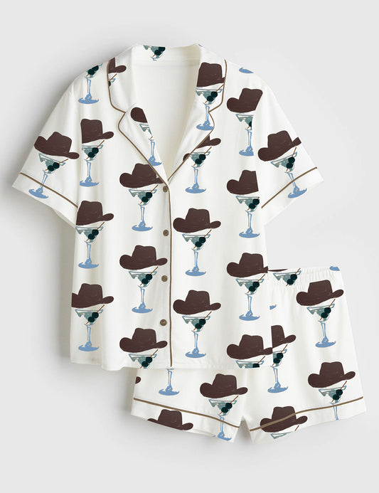 Women’s Western Cowboy Martini Cocktail Short Sleeve Satin Pajama Set