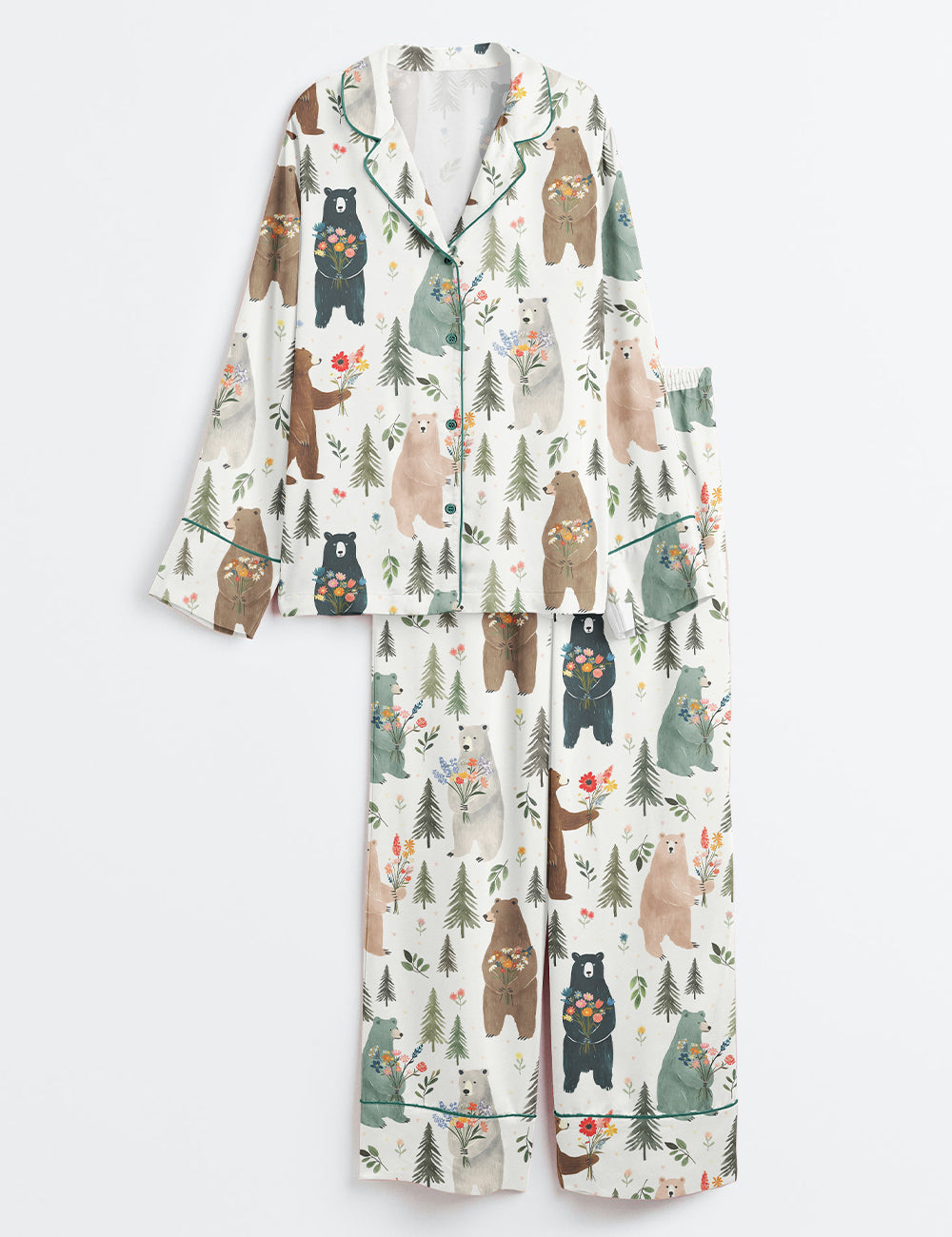 Women’s Bears Floral Pattern Long Sleeve Satin Pajama Set