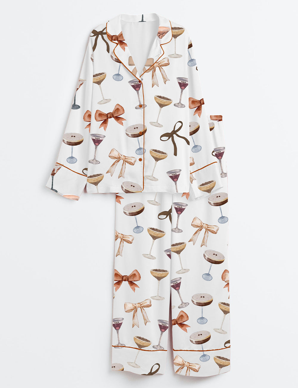 Women's Espresso Martini Coquette Bow Long Sleeve Satin Pajama Set