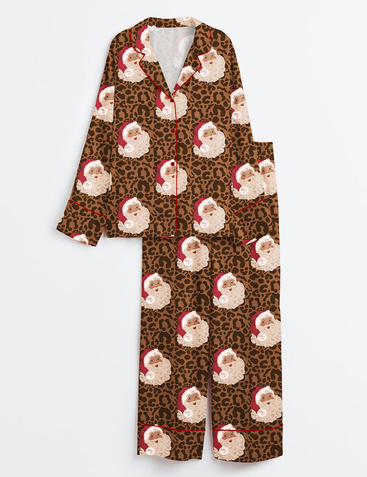 Women’s Vintage Christmas Santa Leopard Long Sleeve Satin Pajama Set
