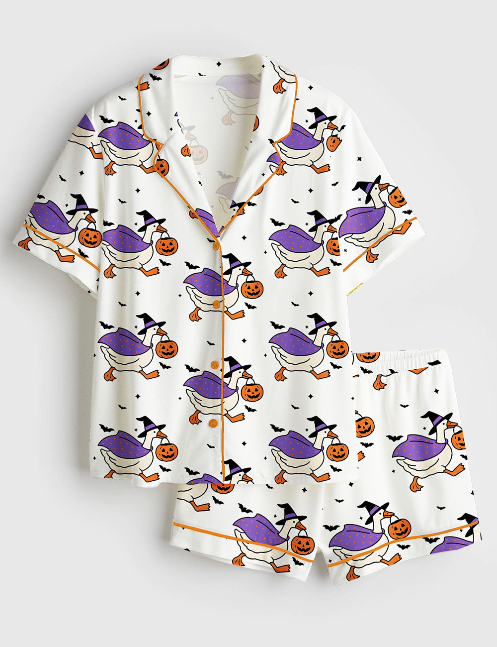 Women’s Spooky Goose On The Loose Halloween Witchy Fall Funny Goose Short Sleeve Satin Pajama Set