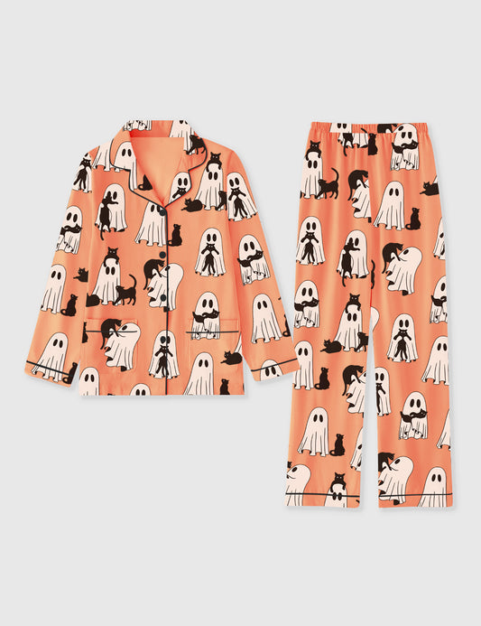 Women's Ghost Cat Retro Ghost Halloween Spooky Season Long Sleeve Pocket Cotton Pajama Set