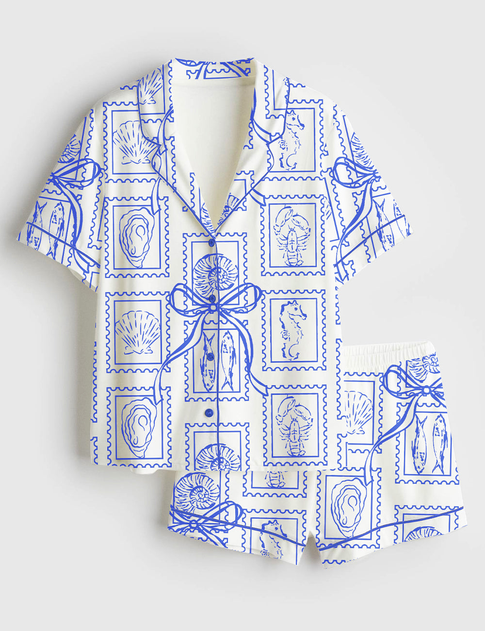 Women’s Summer Oyster Coastal Trendy Summer Beach Aesthetic Summer Print Short Sleeve Satin Pajama Set