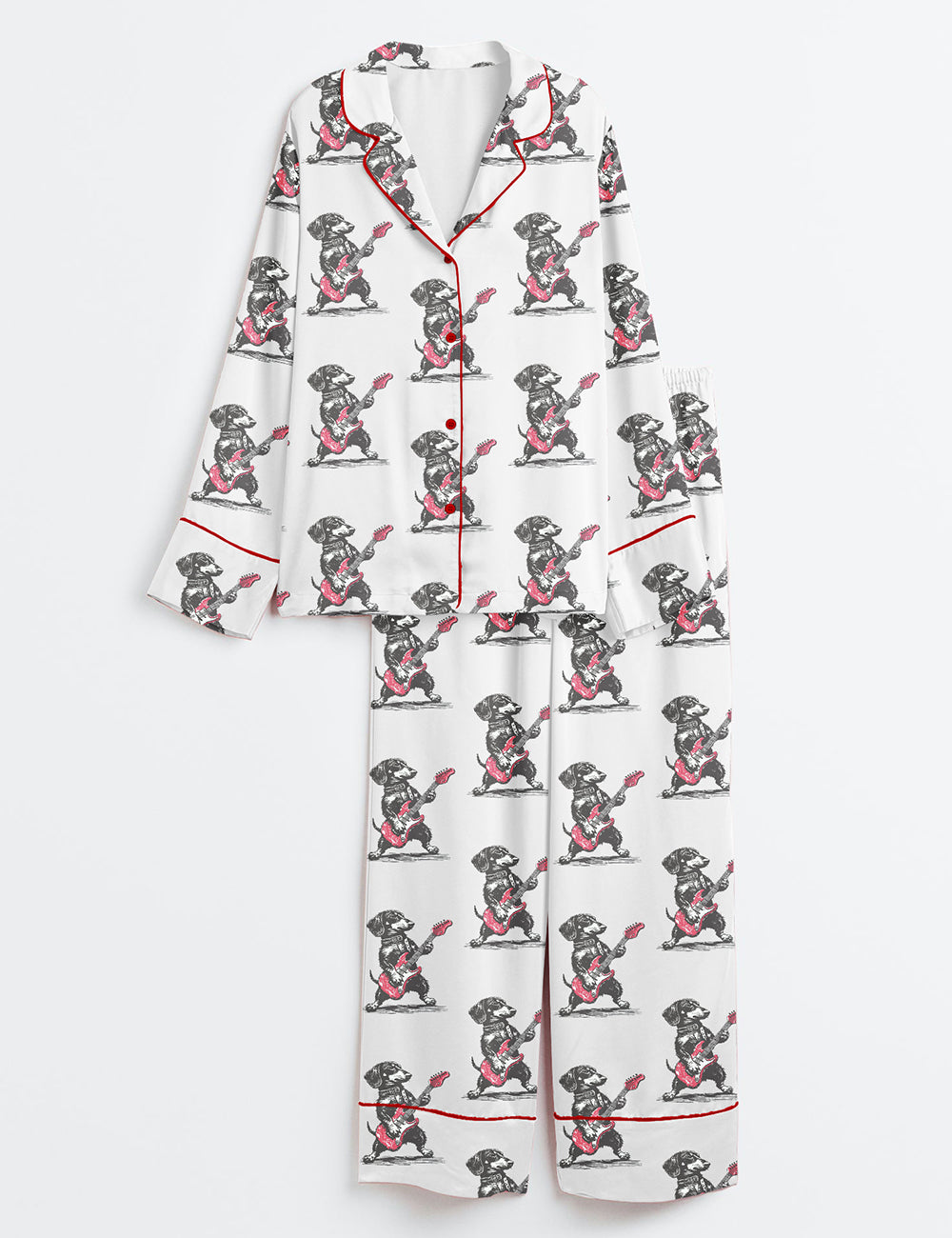 Women’s Rock Doxie Vintage Dachshund Weenie Playing Guitar Funny Wiener Dog Rocker Print Long Sleeve Satin Pajama Set