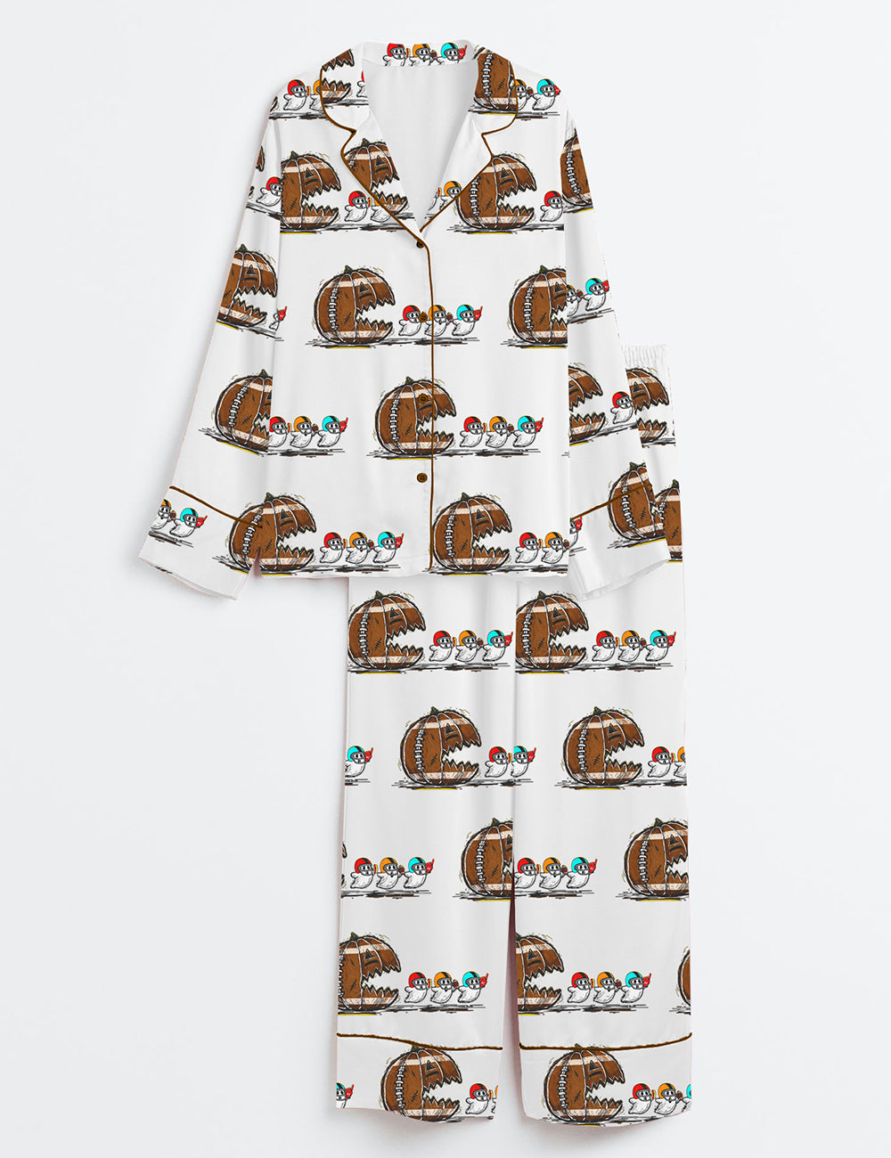 Women’s Retro Halloween Pumpkin Football Touchdown Season Fall Football Chasing Ghost Long Sleeve Satin Pajama Set