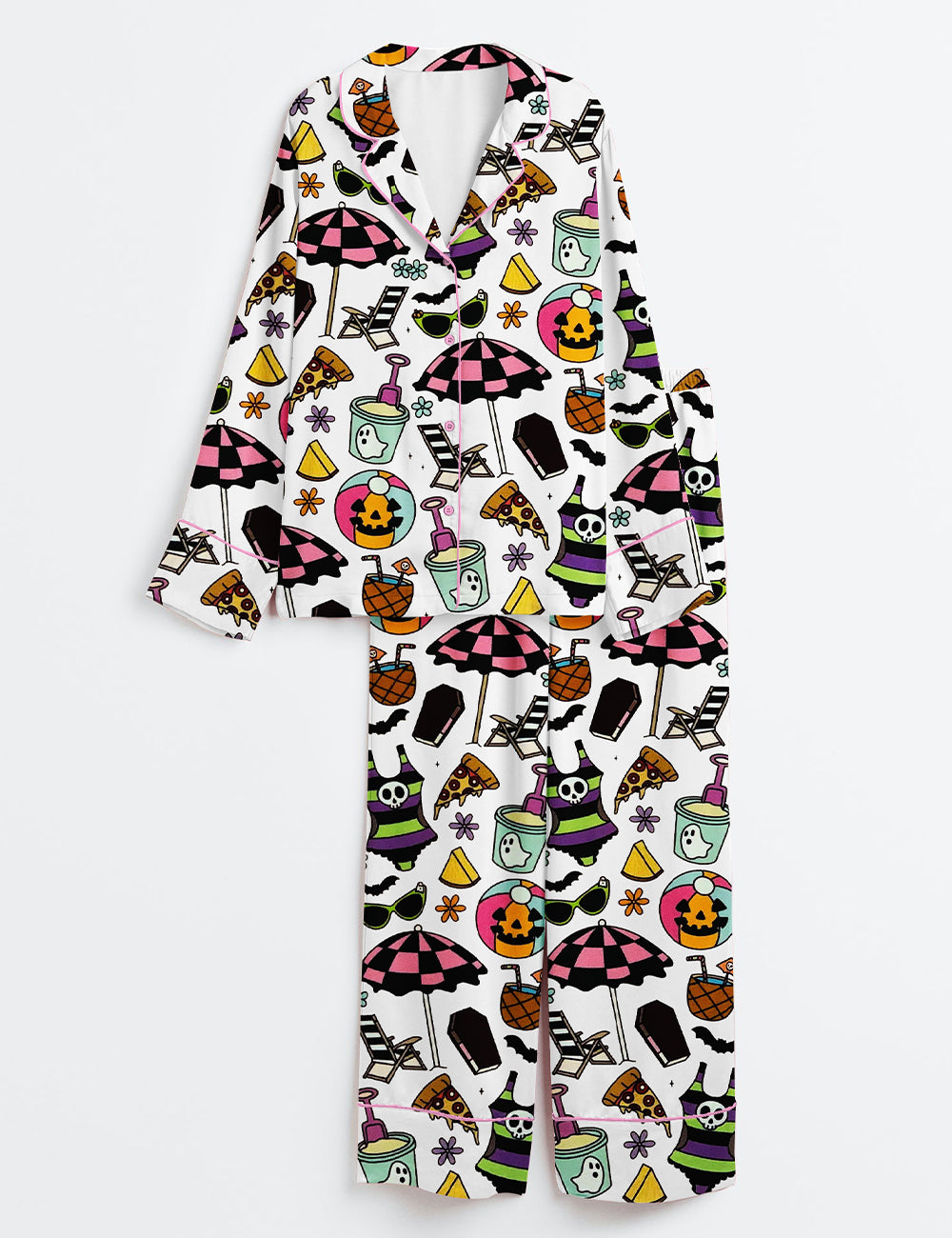 Women’s Summerween Halloween Ghost Slasher Scary Summer Sandy Ghouls Print Long Sleeve Satin Pajama Set