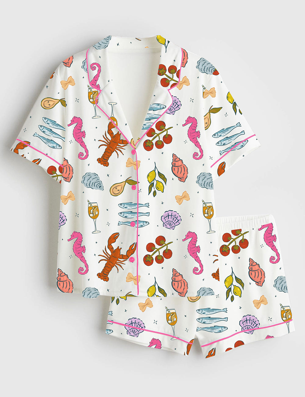 Women’s Italian Summer Beach Mediterranean La Dolce Vita European Coastal Print Short Sleeve Satin Pajama Set