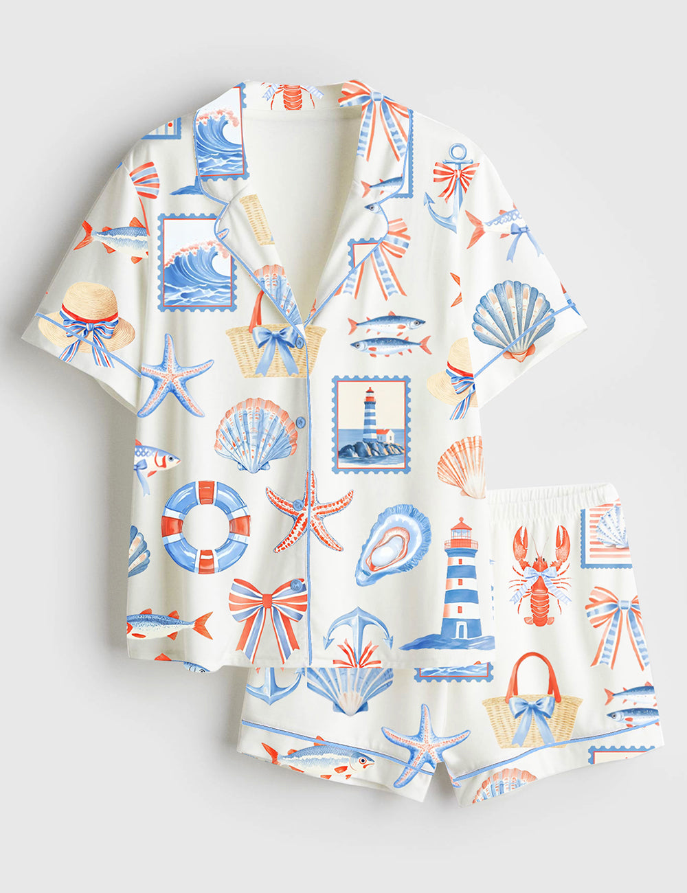 Women’s Fisherman Travel Aesthetic Coastal Coquette Fisherman Print Short Sleeve Satin Pajama Set