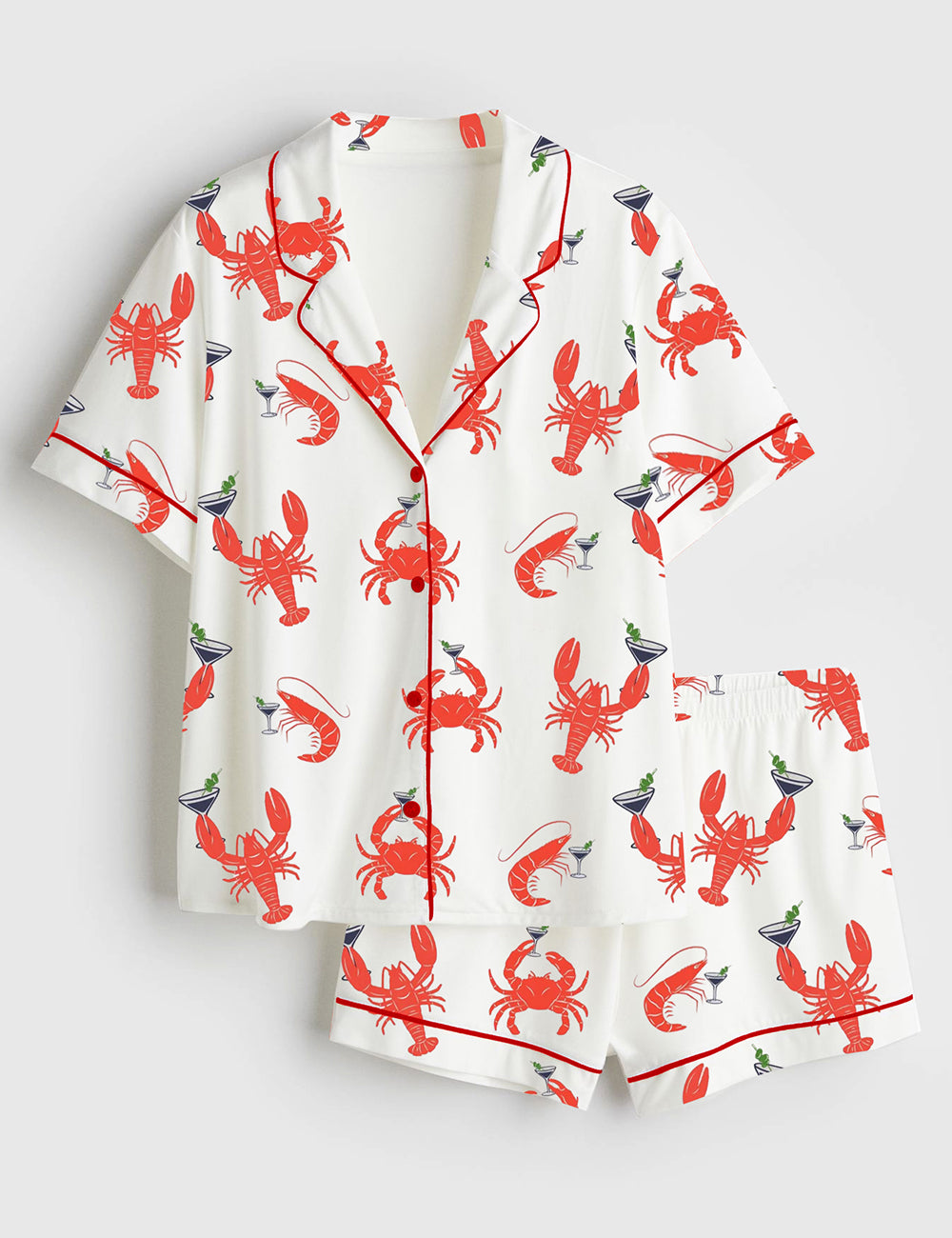Women’s Lobster Shrimp Crab Martini Fisherman Aesthetic Old Money Aesthetic Cape Cod Nantucket Boston Maine Ocean Inspired Short Sleeve Satin Pajama Set