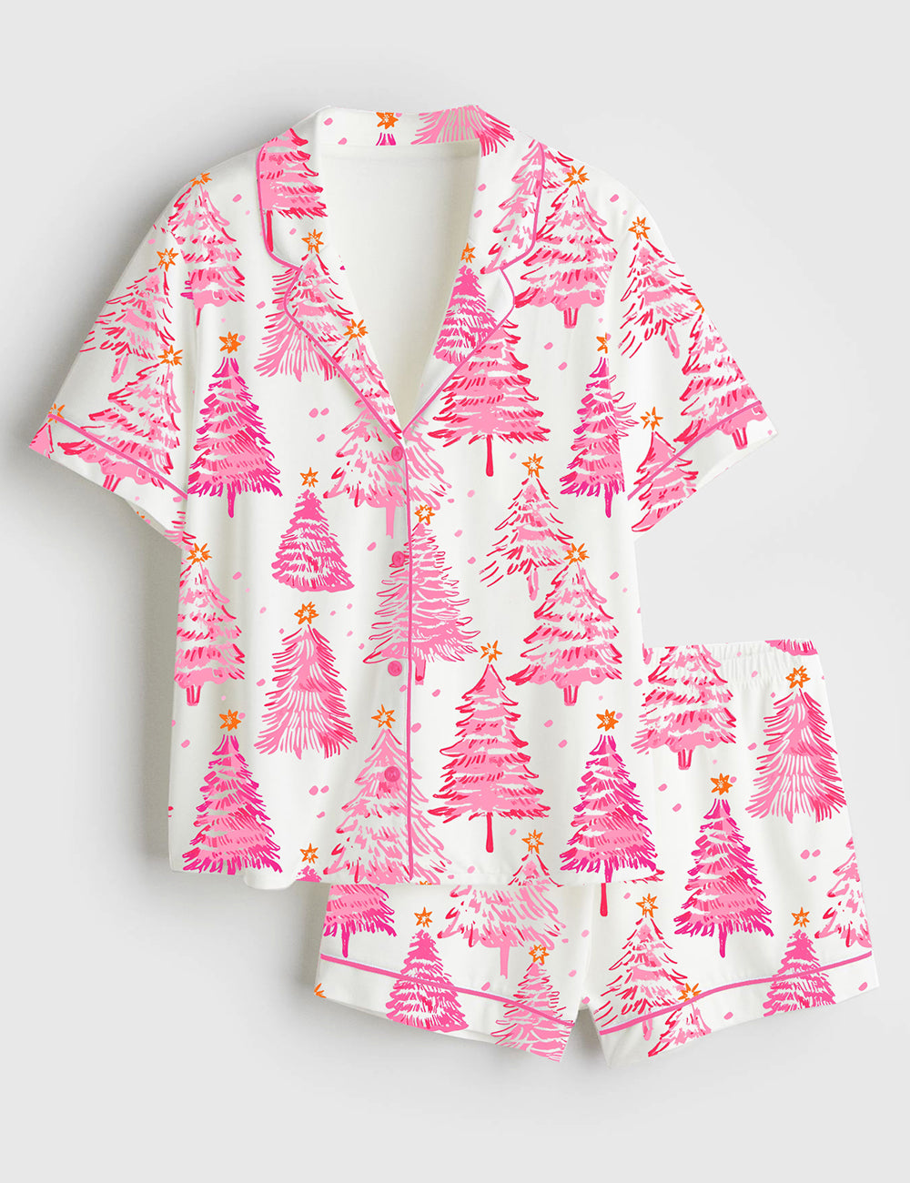 Women’s Preppy Pink Christmas Trees Short Sleeve Satin Pajama Set