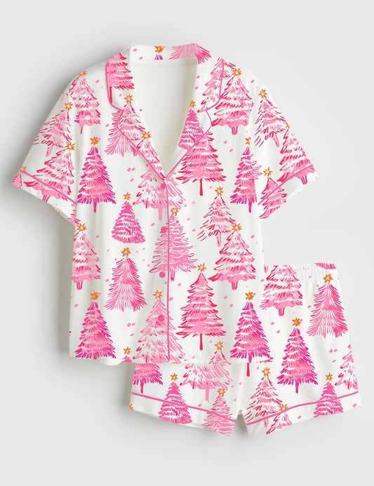 Women’s Preppy Pink Christmas Trees Short Sleeve Satin Pajama Set