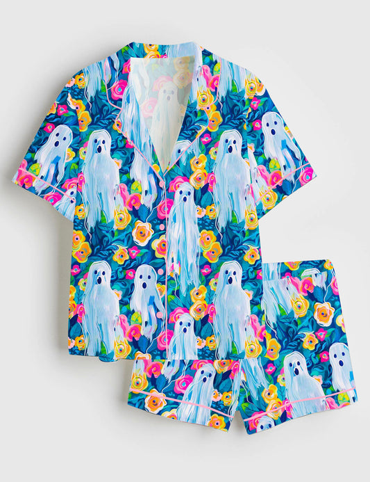 Women’s Preppy Spooky Ghost Fall Floral Halloween Ghost Short Sleeve Satin Pajama Set