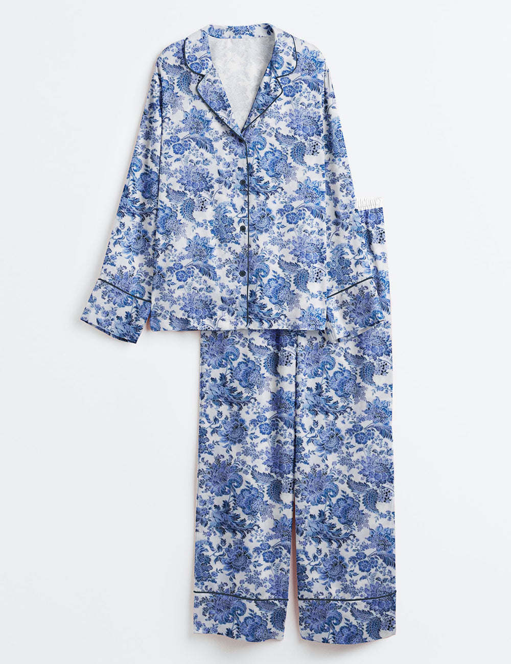 Women's Rose To Fame Blue & White Floral Long Sleeve Satin Pajama Set
