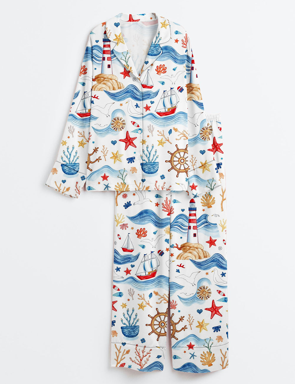 Women’s Sea Maritime Independence Day The 4th Of July Red White Blue Long Sleeve Satin Pajama Set