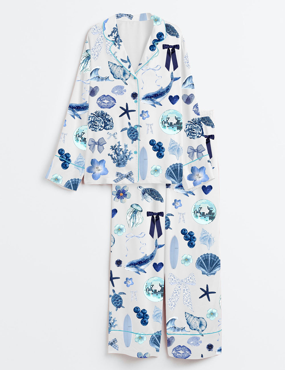 Women’s Coquette Seashell Coastal Summer Vibes Turtle Shark Shell Sea World Long Sleeve Satin Pajama Set