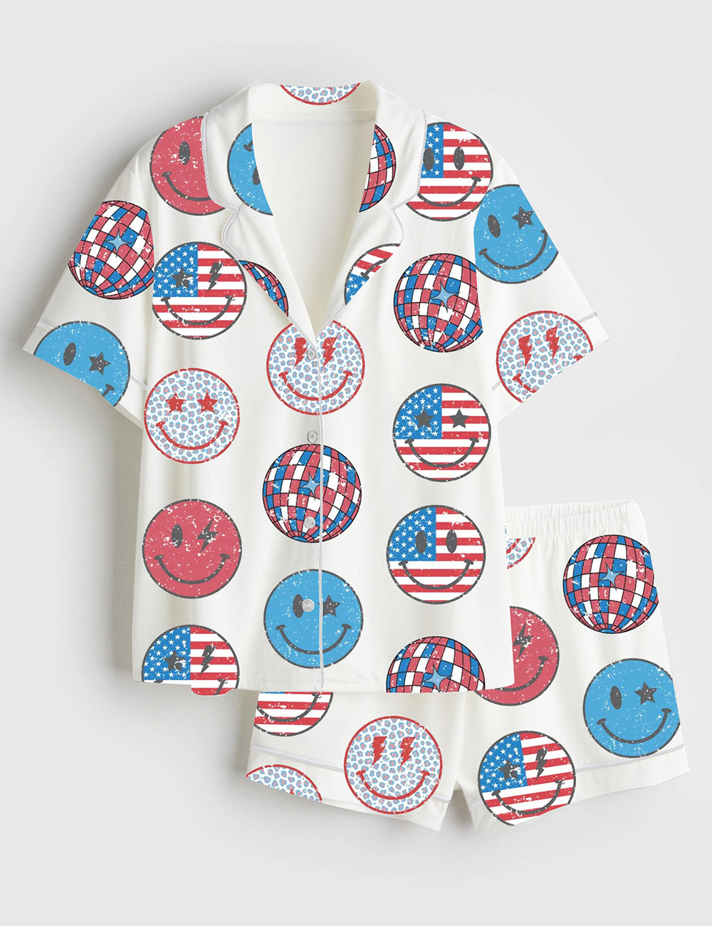 Women’s Patriotic Stars Stripes USA Flag 4th Of July American Flag Independence Day Red White Blue Smile Face Short Sleeve Satin Pajama Set