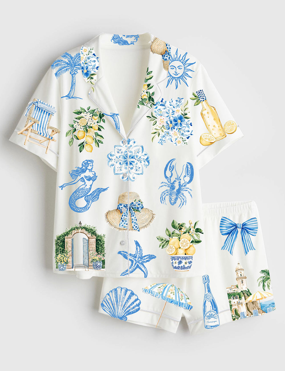 Women’s Watercolor Whimsical Watercolor Amalfi Coast Preppy Italian Summer Mediterranean Lemon Cocktail Print Short Sleeve Satin Pajama Set