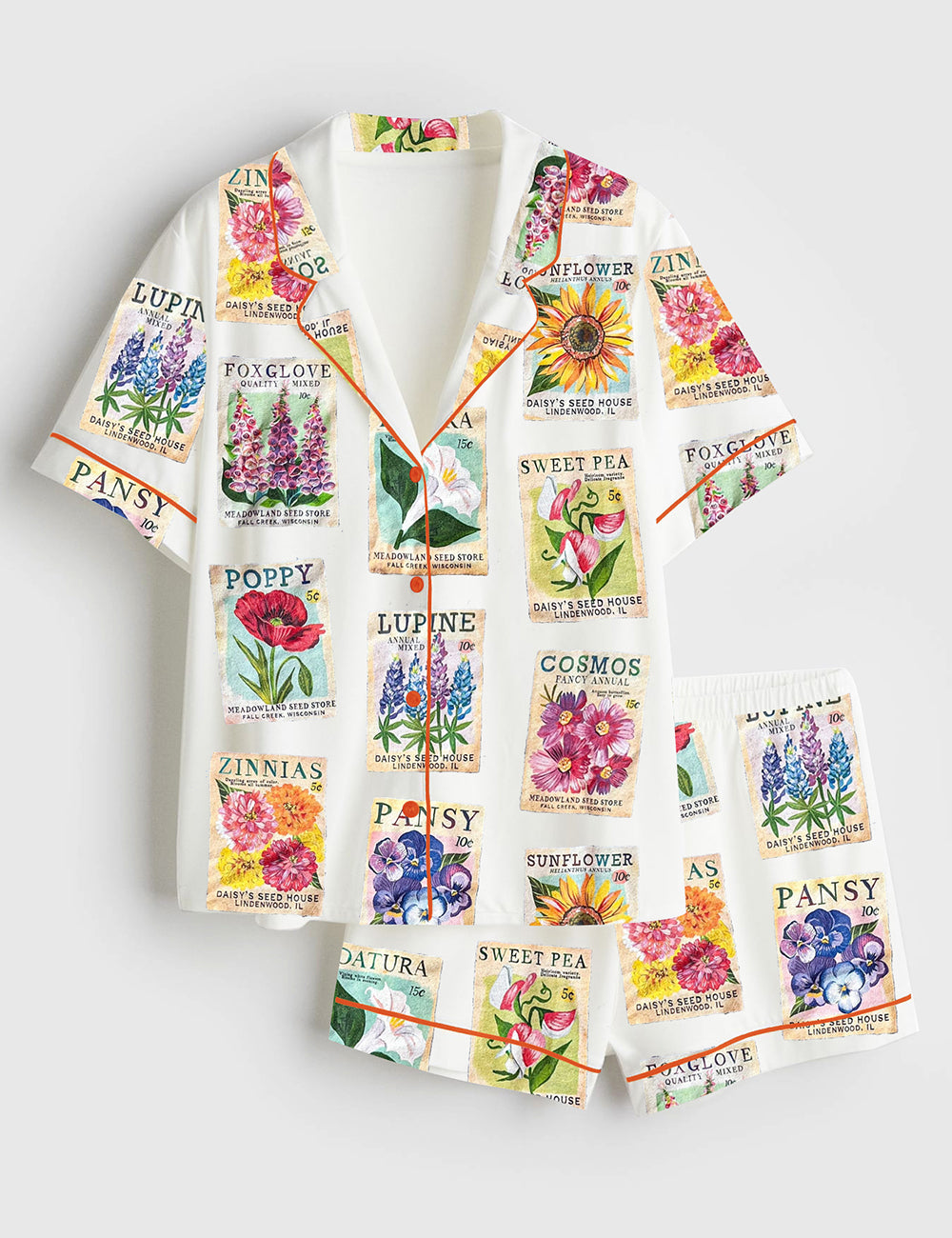 Women’s Seed Packet Flower Plant Short Sleeve Satin Pajama Set