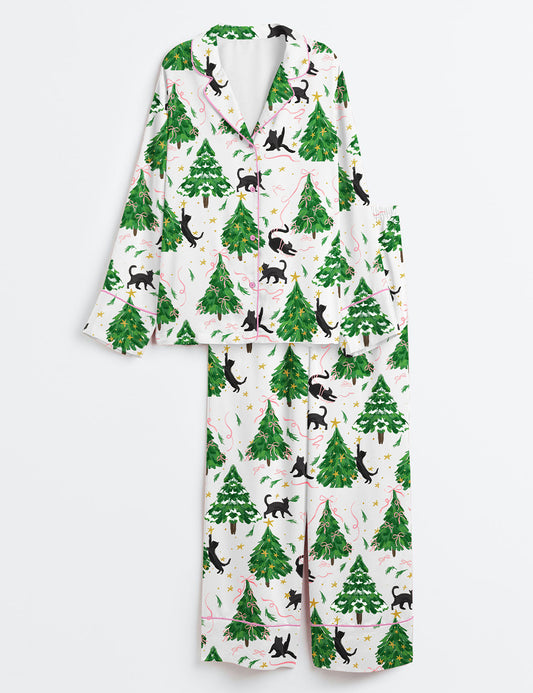 Women’s Christmas Tree Cat Long Sleeve Satin Pajama Set