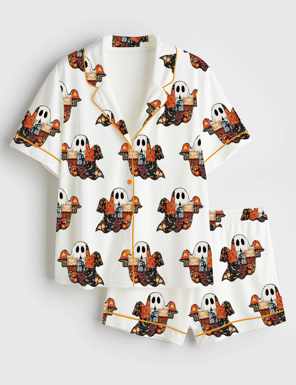 Women’s Halloween Vintage Ghost Cozy Spooky Fall Short Sleeve Satin Pajama Set