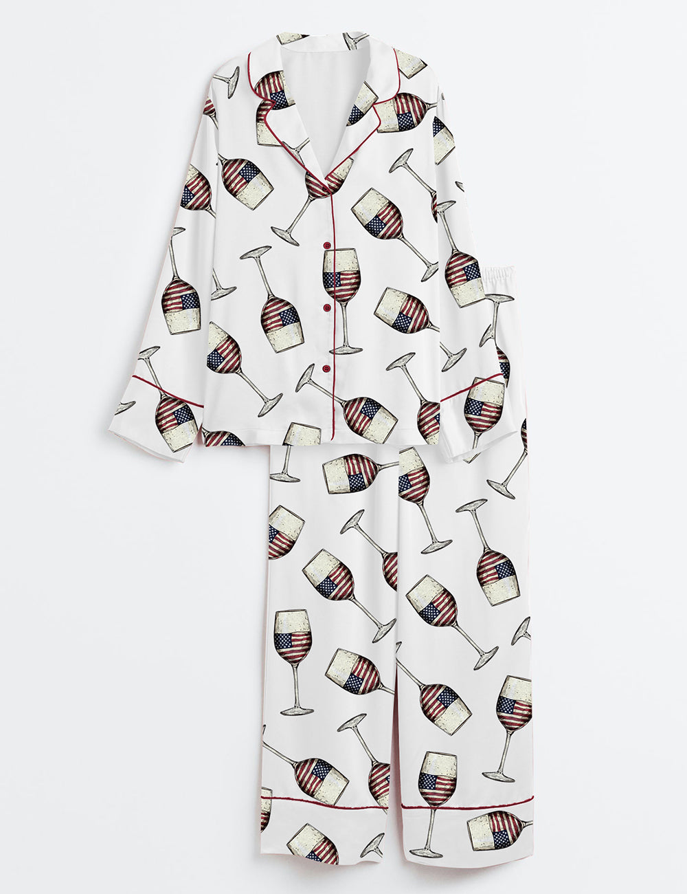Women’s American Flag 4th Of July USA Wine Print Long Sleeve Satin Pajama Set