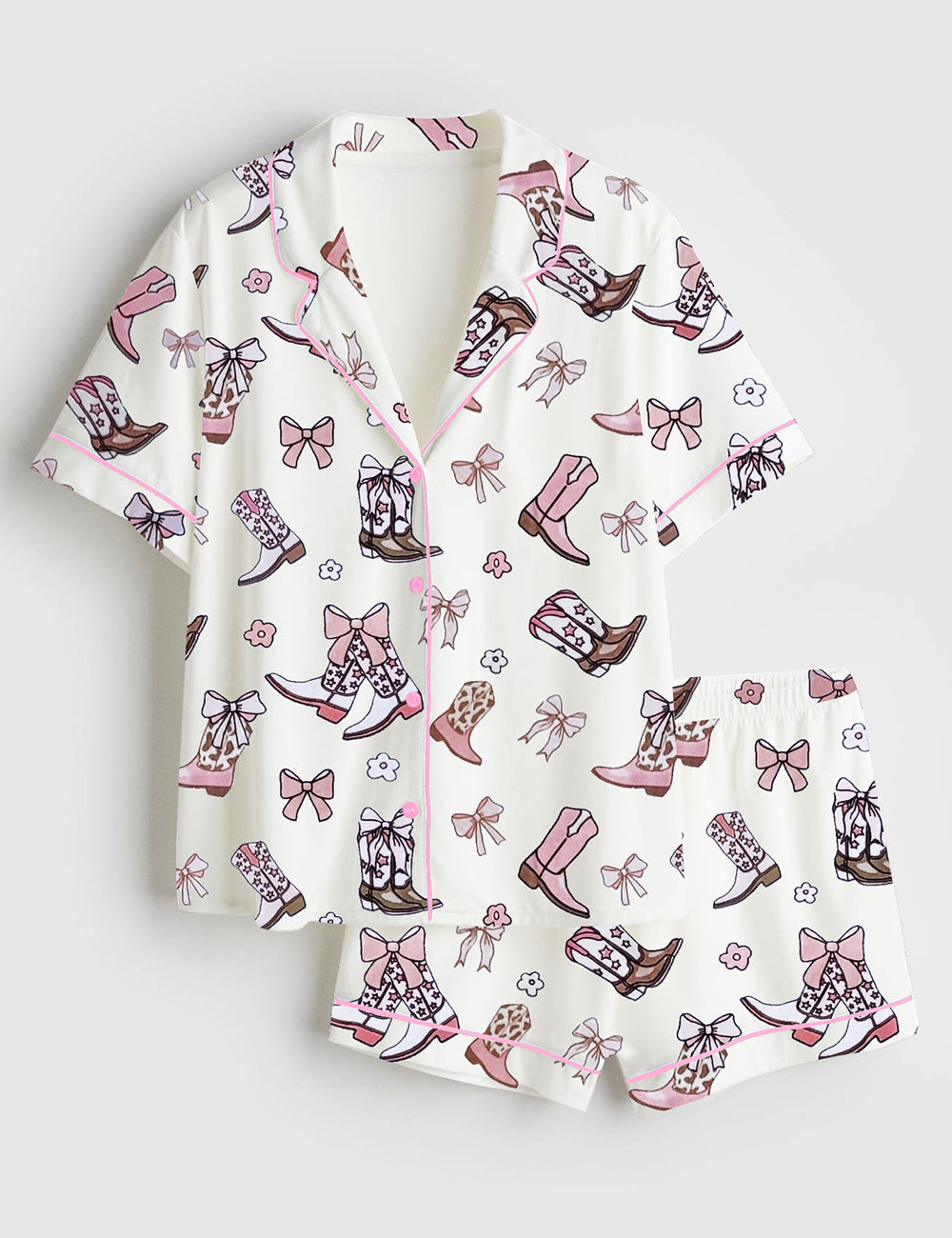 Women’s White And Pink Bows Western Cowboy Boots Coquette Cowgirls Bows Print Short Sleeve Satin Pajama Set